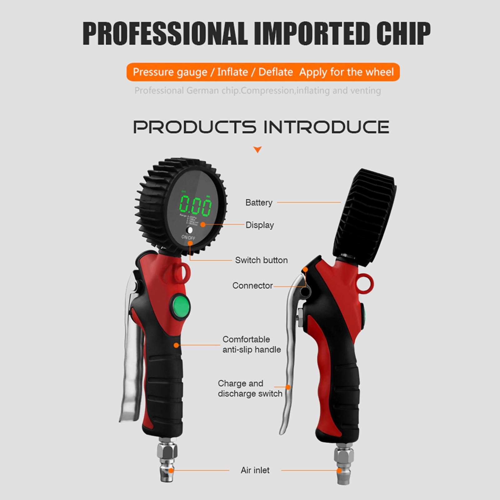 High Accuracy LED Backlight Display Tire Inflating Gauge Digital Display Tyre Inflatable Gun Tire Inflator with LED Digital Pressure Gauge 18bar Pressure Limited