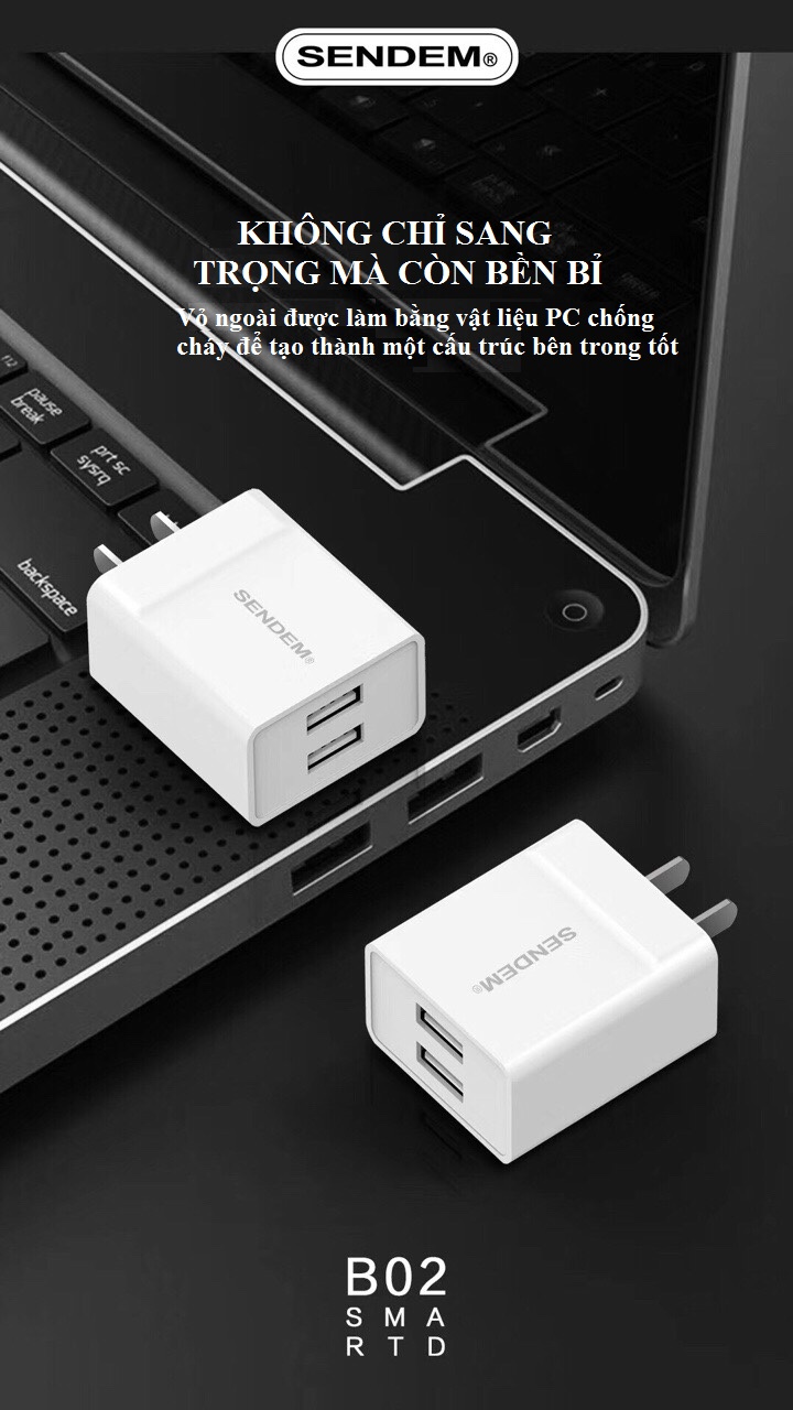 Củ sạc 2 cổng USB SENDEM B02 sạc nhanh - Hàng chính hãng