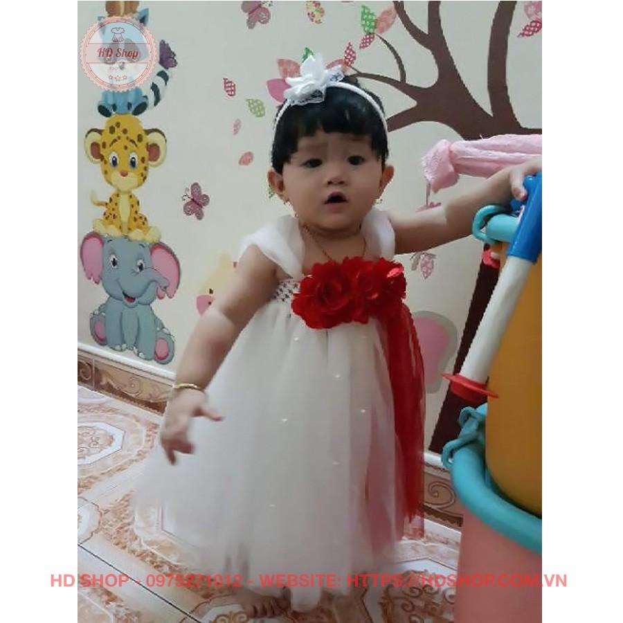 Đầm dạ hội cho bé gái - trắng hoa hồng đỏ