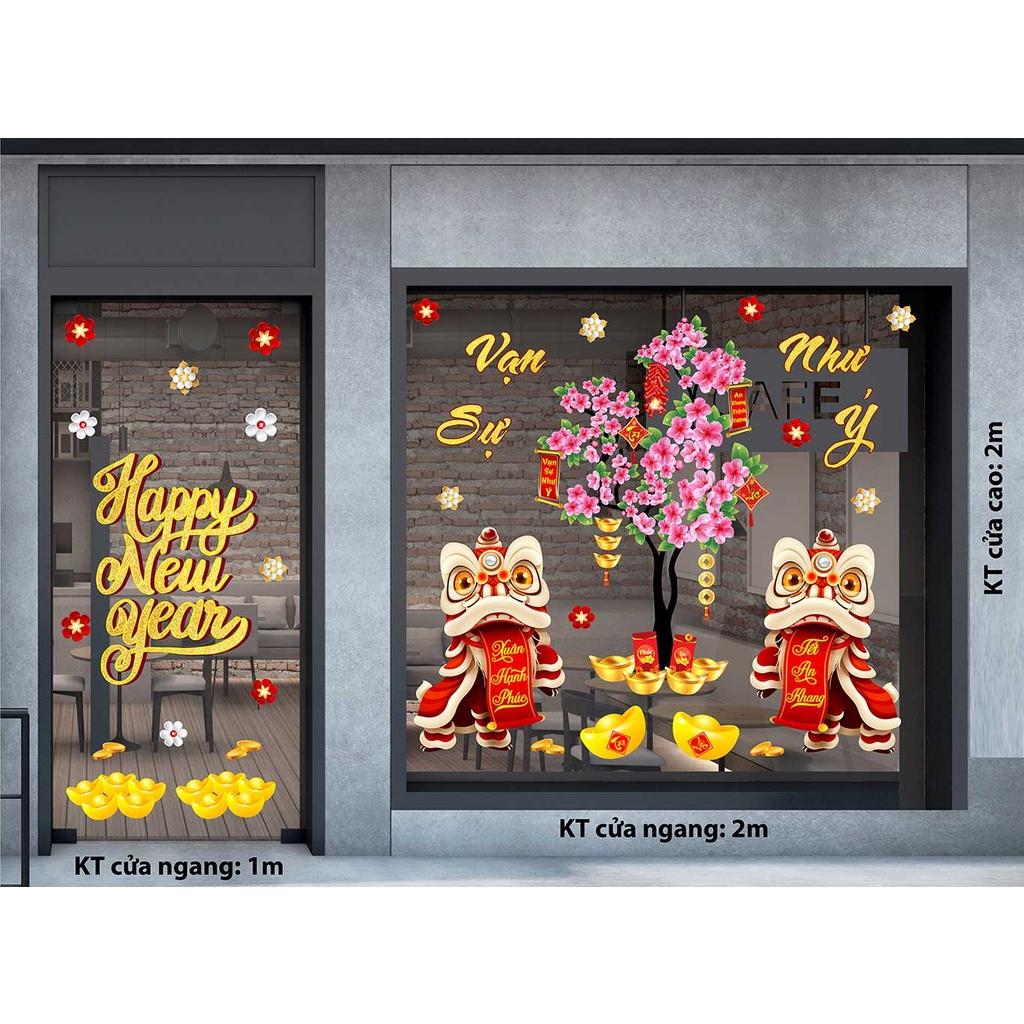 DECAL TRANG TRÍ TẾT 2023 COMBO ĐÔI LÂN VÀ CÂY ĐÀO HỒNG