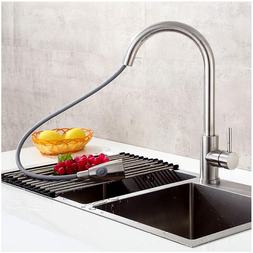 Vòi bồn rửa chén bát nóng lạnh có dây rút bằng Inox 304 cao cấp