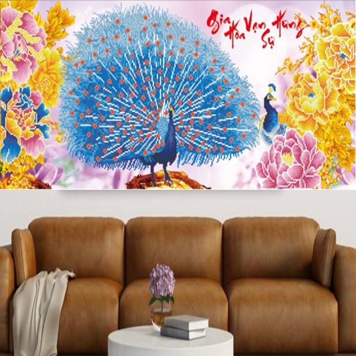 Tranh thêu công xanh gia hòa vạn sự hưng X8011 - kích thước: 88 * 43cm.