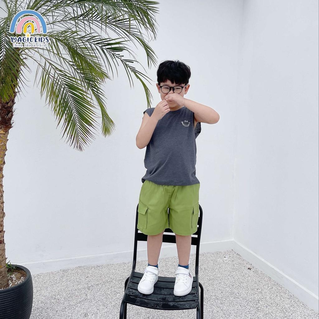 Quần đùi short kaki ngắn cho bé trai 1 2 3 4 5 6 7 tuổi túi ốp dây rút cá tính Magickids Quần áo trẻ em QĐ22004