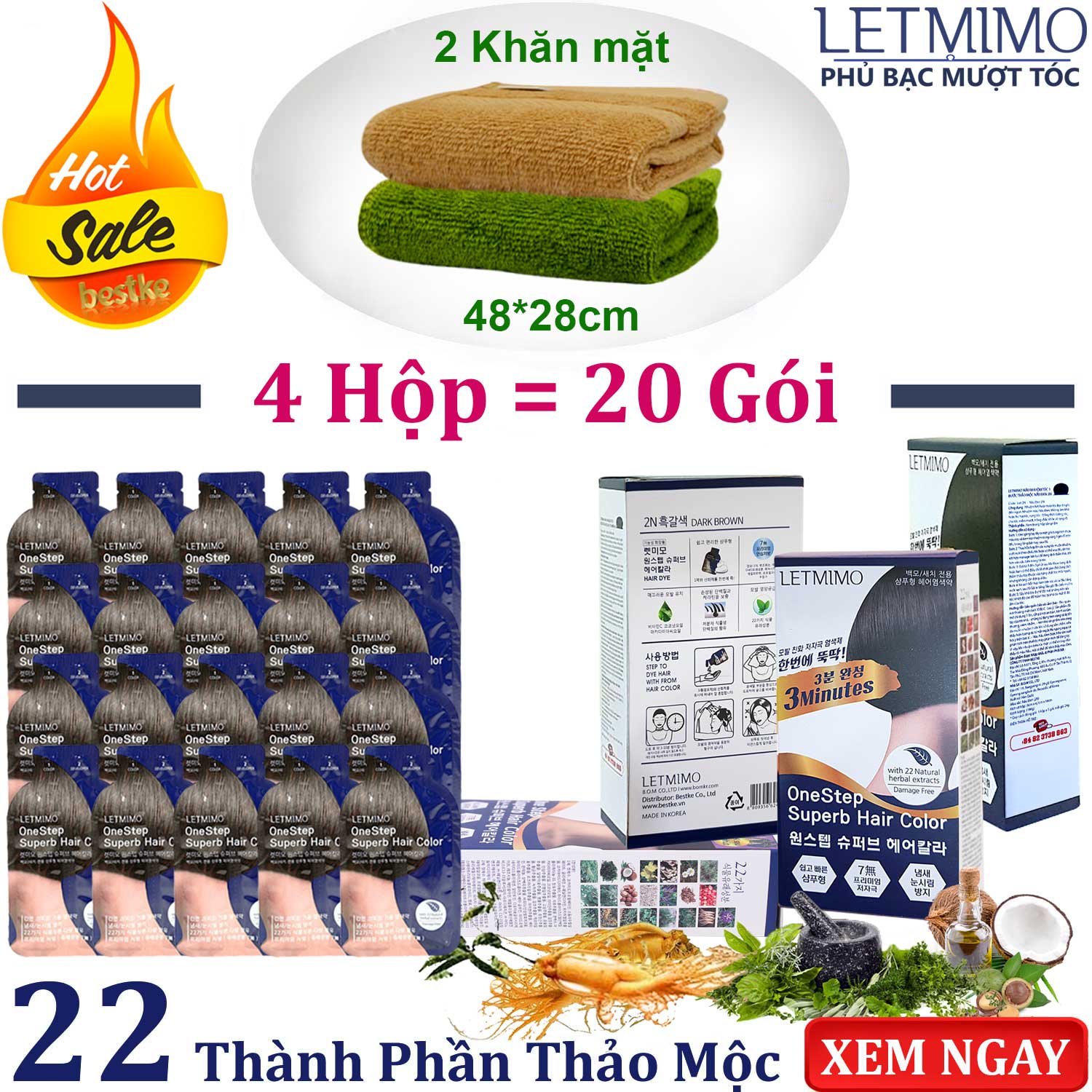 Bộ 4 Hộp = 20 gói thuốc nhuộm tóc màu Nâu Đen_2N, phủ bạc thảo mộc LETMIMO + QUÀ TẶNG 2 khăn mặt bestke 48*28cm