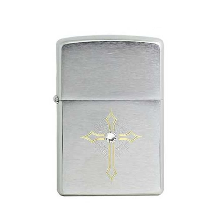 Bật Lửa Zippo Cross With Swarovski Crystal Brushed Chrome Chính Hãng Usa