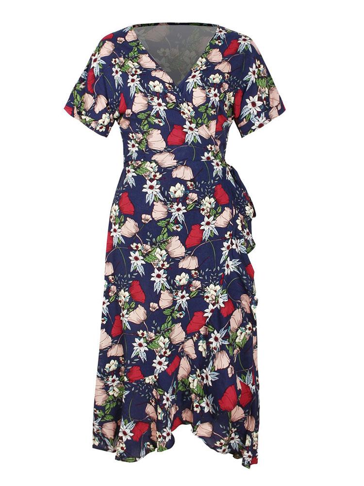 Fashion Women Summer Floral Print Dress V Neck Short Sleeve High Waist Sashes Irregular Hem Casual Holiday Beach Dress