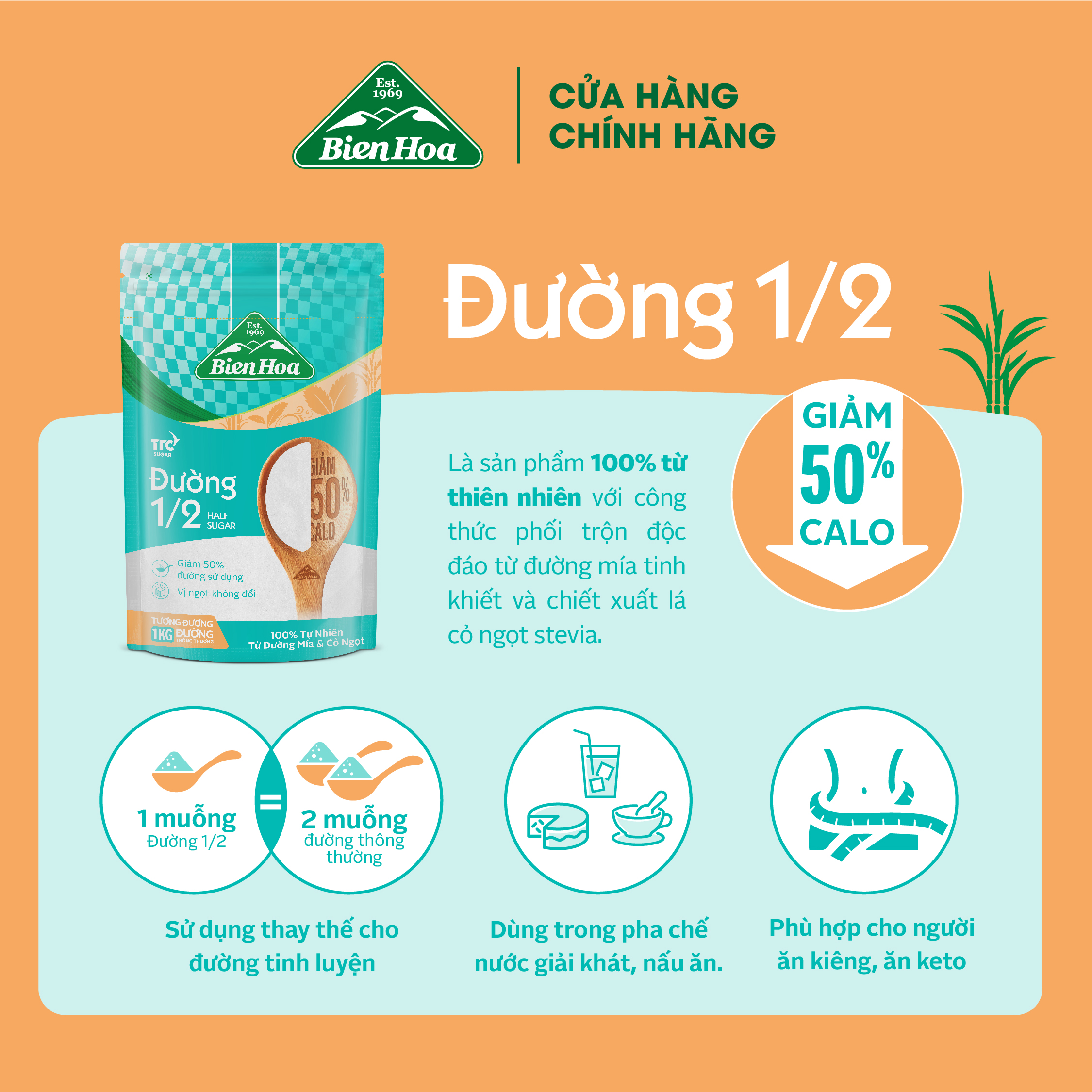 Combo 2 túi Đường 1/2 Giảm 50% Calo Biên Hòa 500gr/túi