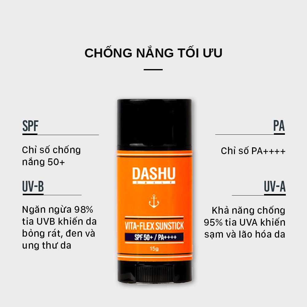 Kem chống nắng thỏi dạng Sáp tiện dụng cho Nam và Nữ Dashu Daily Vita-flex Sunstinck SPF50+/PA++++ 15g, chứa Vitamin và chất hữu cơ tự nhiên, không gây kích ứng da, phù hợp với mọi lứa tuổi, chống mồ hôi, bã nhờn, tốt cho da dầu và da mụn.