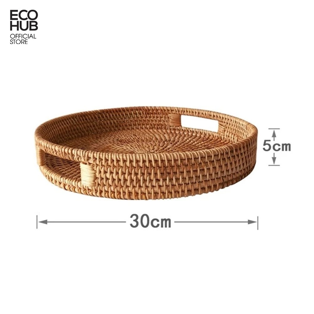 Khay mây tròn ECOHUB có tay cầm, d30cm / 35cm (Basket Rattan Woven Storage Tray with Handle)