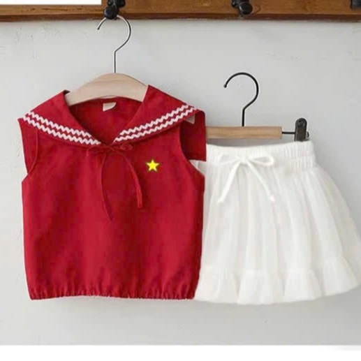 Set Váy Cờ Đỏ Sao Vàng – Áo Thủy Thủ Kate Cotton + Váy Lưới Từ 12-36kg Dành Cho Bé Gái