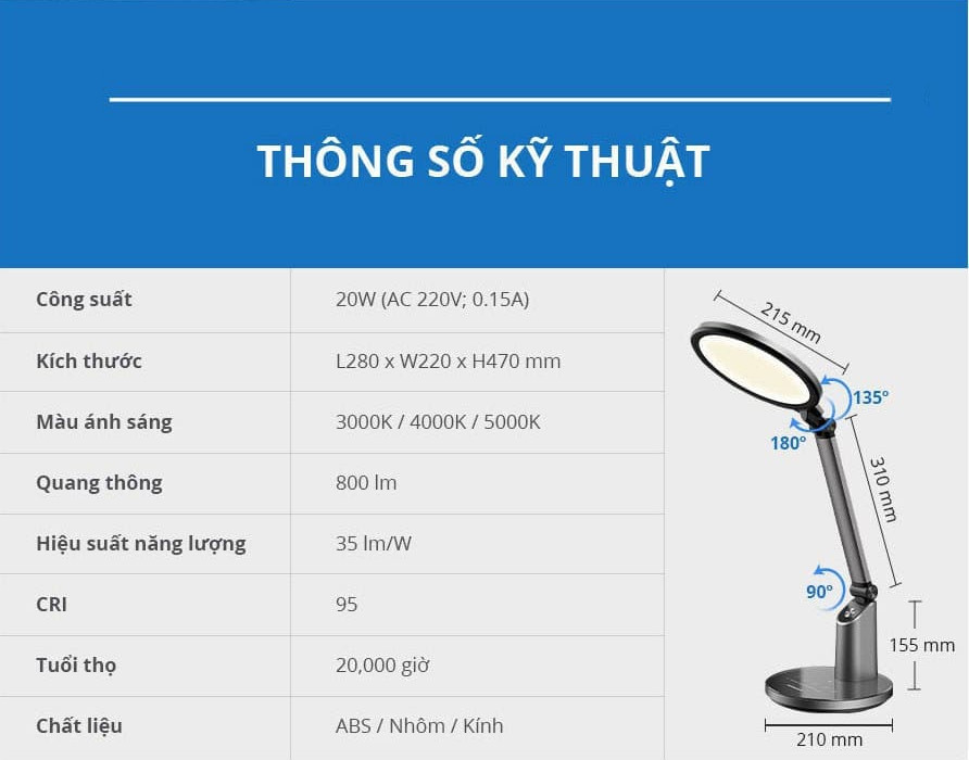 Đèn Để Bàn đổi màu 20W Panasonic HHGLT063319 Chip Led RG0, không ánh sáng xanh, an toàn cho mắt, điều chỉnh độ sáng