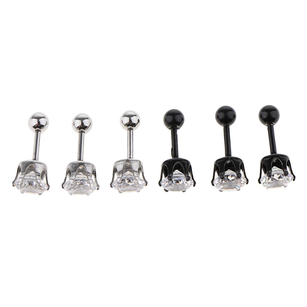 6 Pieces Black Silver Crystal Stainless Steel Ear Navel Belly Stud