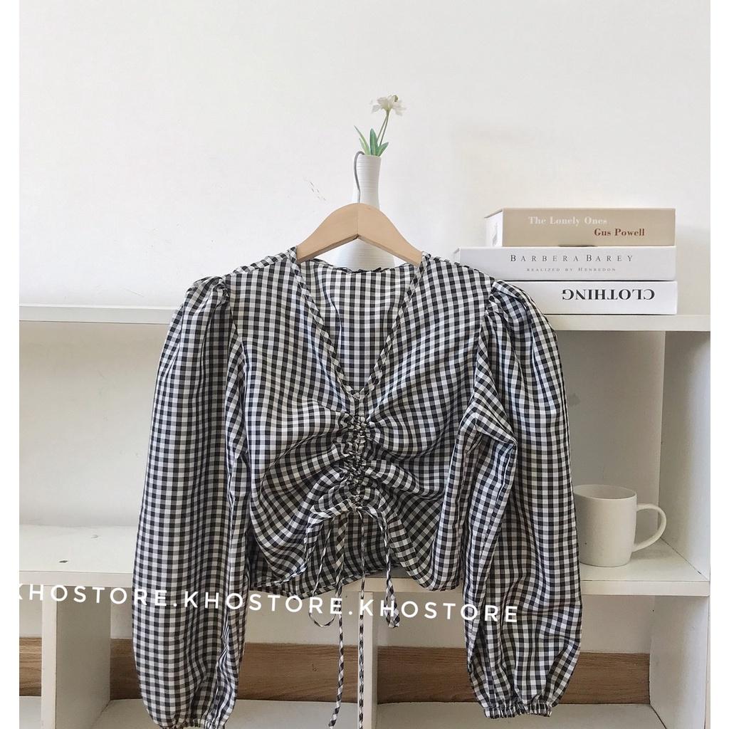 Áo croptop tay dài nhún ngực tôn dáng, áo đi biển tay phồng caro 2 màu, áo dây rút kiểu dáng hàn quốc, vải cotton mát