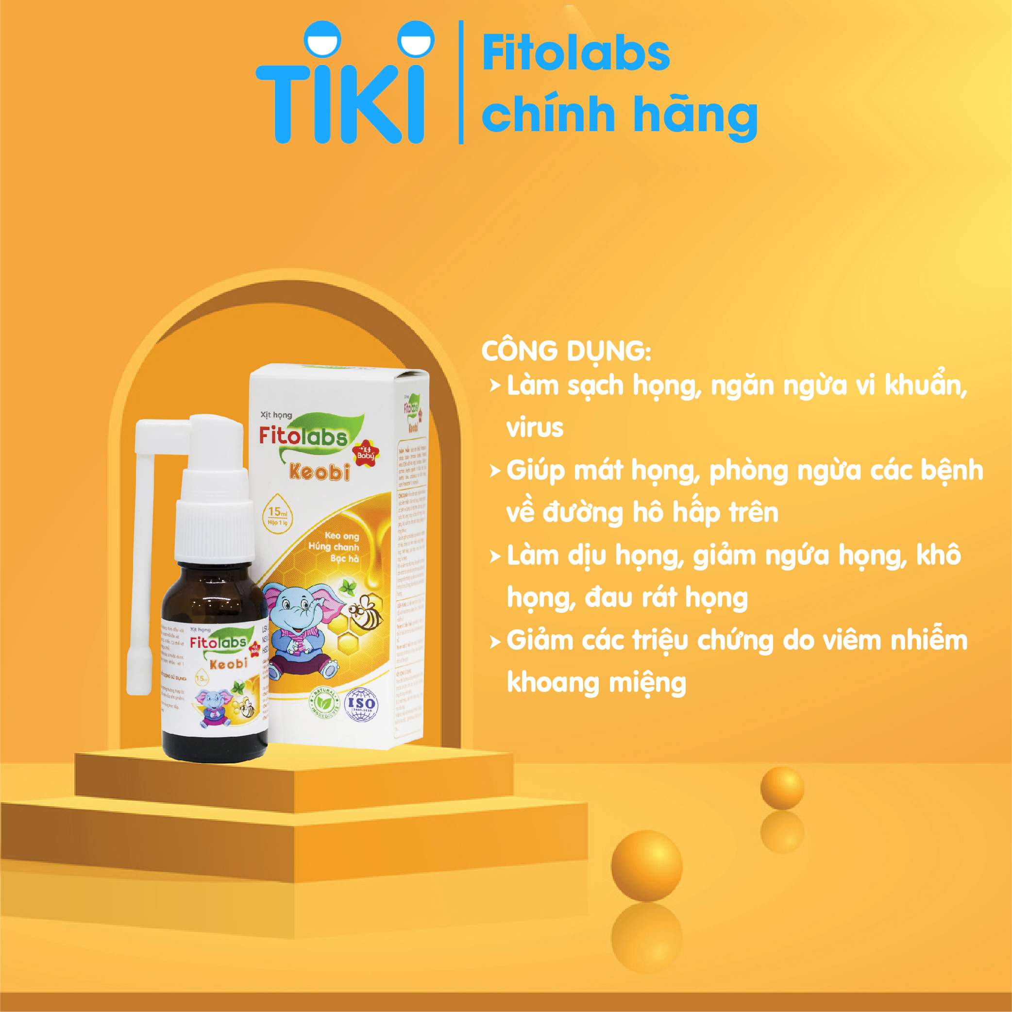 Xịt họng thảo dược Fitolabs Keobi giúp làm sạch, sát khuẩn, dịu họng, cải thiện và phòng ngừa các bệnh hô hấp trên