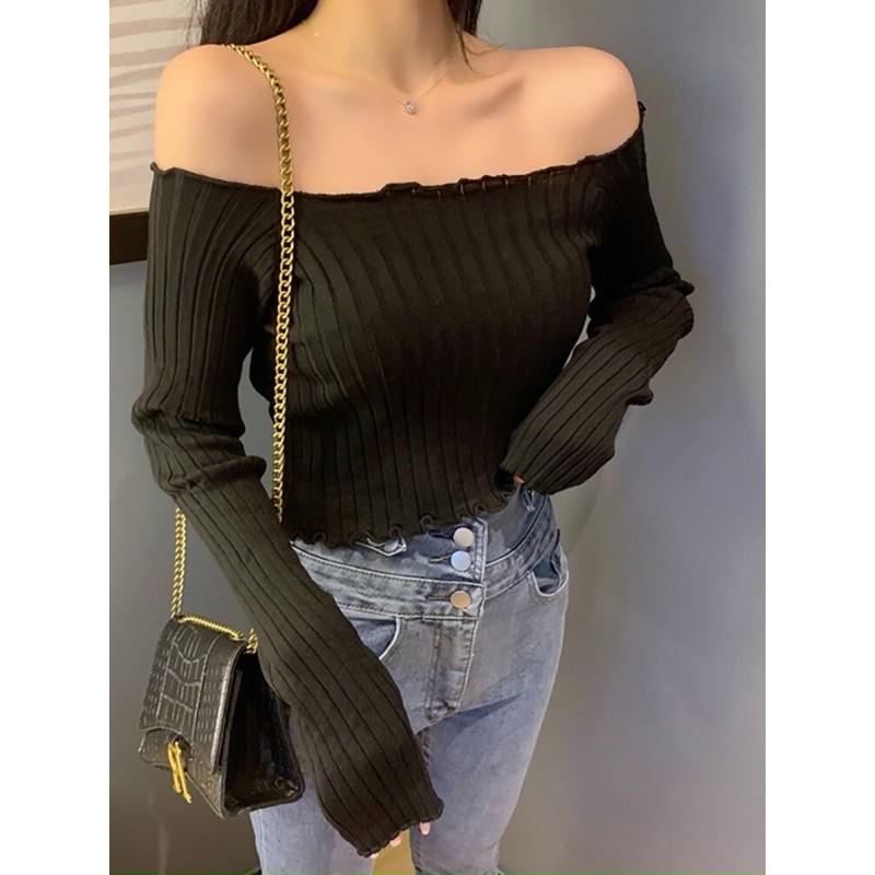 Áo Crop Top Tay Dài Trễ Vai Cuốn Hút, Nữ Tính