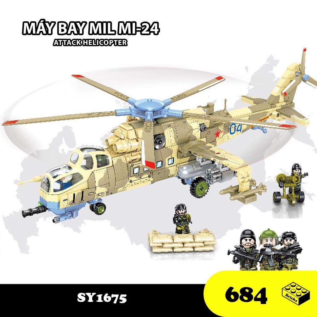 Đồ chơi Lắp ráp Máy bay Trực thăng quân sự Mil Mi-24, SY1675 Xếp hình thông minh, Mô hình máy bay