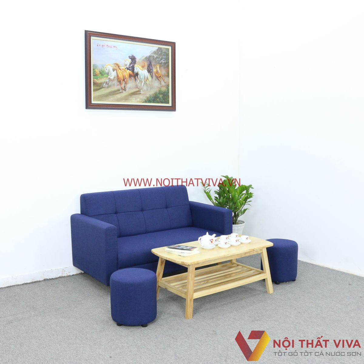 Bộ Bàn Ghế Sofa Nệm Bọc Nỉ Màu Xanh Dương 4 Món Gọn Đẹp Giá Rẻ