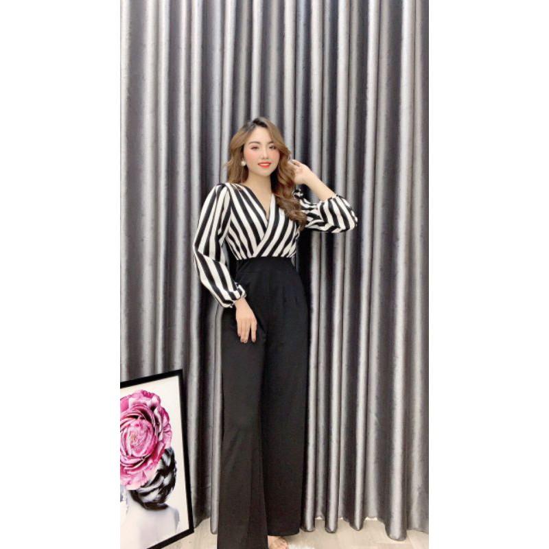 Jumpsuit thiết kế phối sọc tay bồng