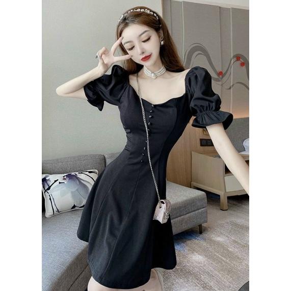 ĐẦM ĐI TIỆC Đầm váy cổ vuông nút bọc 2 màu