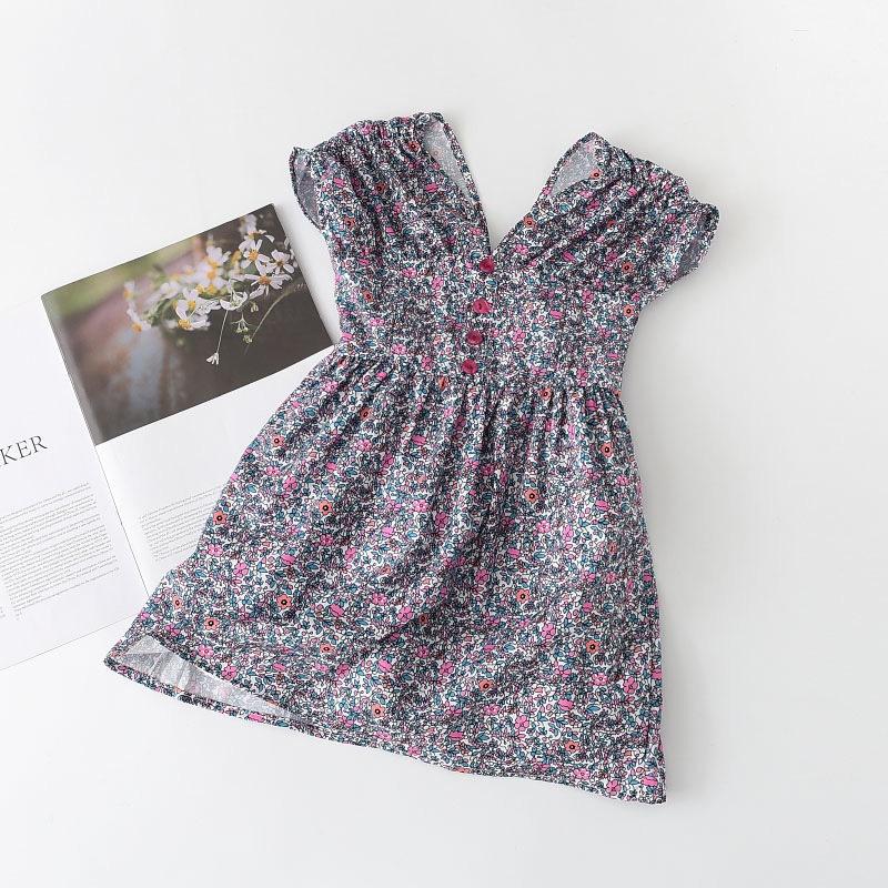Váy Bé Gái Hè Không Tay Puff Sleeve Nút Cổ Chữ V Thời Trang Quần áo Trẻ Em Âu Mỹ
