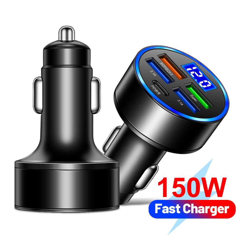 5 cổng Bộ điều hợp phích cắm tự động Sạc LED màn hình kỹ thuật số 15W Bộ sạc xe hơi Sạc nhanh PD USB C cho máy tính bảng điện thoại di động