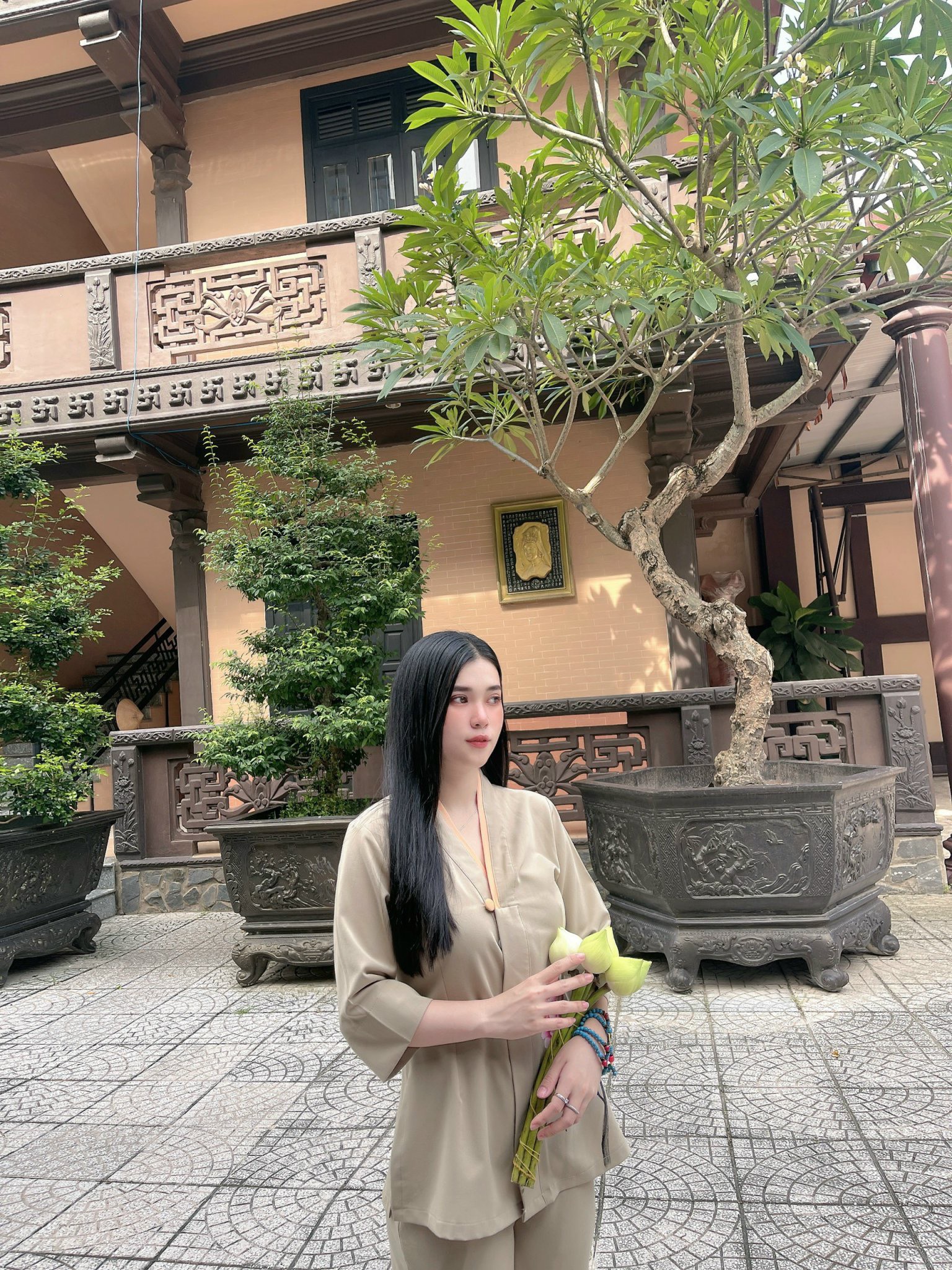 Đồ Lam Đi Chùa # Bộ Lụa Hàn sen 1 nút# Quần Áo Nữ Cao Cấp