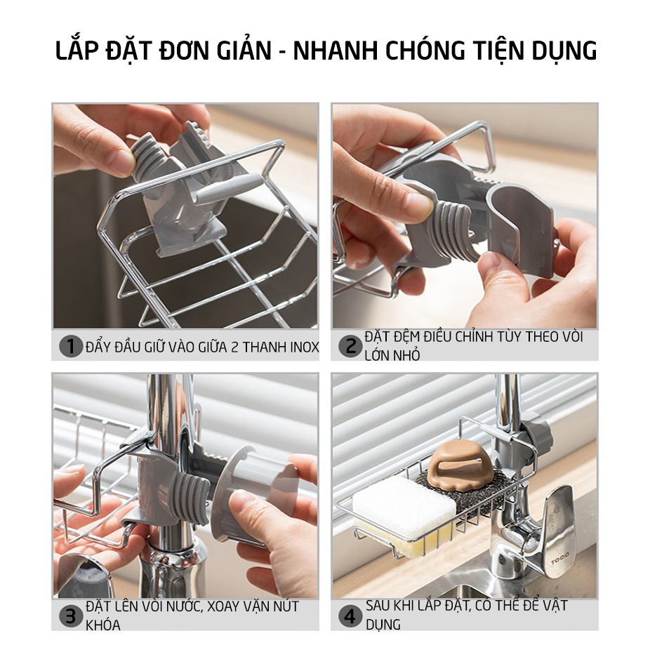 Giá Inox Treo Vòi Đựng Giẻ Rửa Bát Chén Đa Năng, Kệ Treo Inox 304 Kệ Treo Vòi Silicon, Gọn Gàng, Tiện Dụng