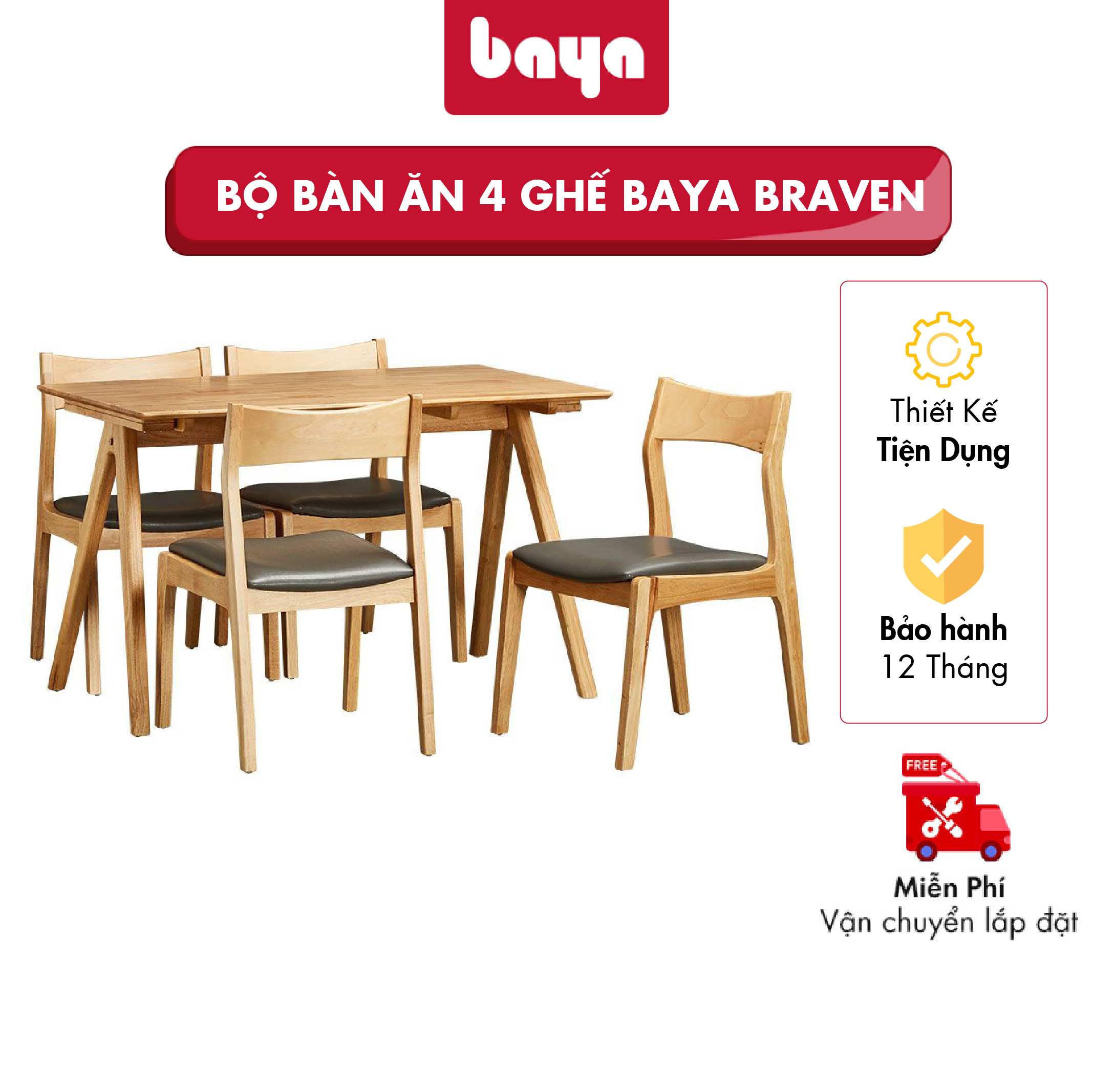 Bộ Bàn Ăn 4 Ghế BAYA BRAVEN Làm Từ Gỗ Cao Su Bền Chắc, Chống Chịu Mối Một Cao Với Màu Gỗ Tươi Sáng Kết Hợp Đường Vân Gỗ Tự Nhiên Mềm Mại Tăng Thêm Nét Tinh Tế Và Thu Hút Cho Không Gian Phòng Bếp Nhà Bạn 6000001