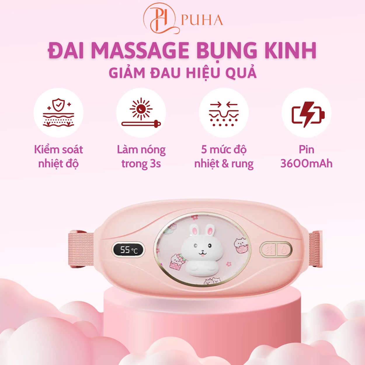 Máy chườm nóng hỗ trợ giảm đau bụng kinh PUHA, có 5 mức nhiệt, Pin 3600MAH , sạc UBS, món quà ý nghĩa tặng người yêu