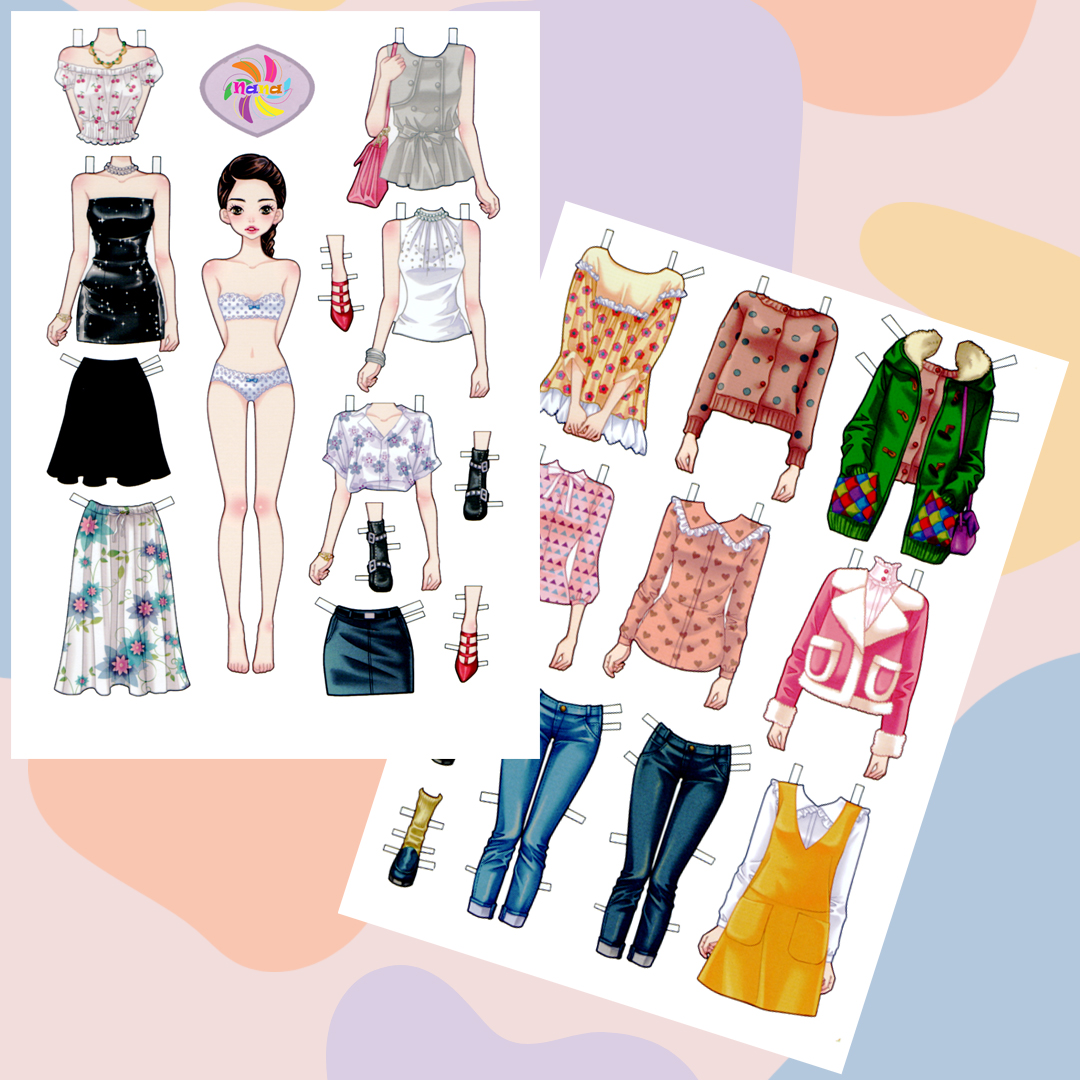 Búp bê giấy (paper doll) thay đồ phong cách Hàn Quốc giấy cắt thủ công cho bé Combo 6 hình siêu đáng yêu BBG0017