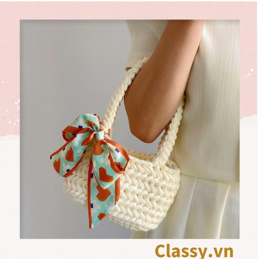 Túi làm từ sợi len nhiều màu pastel Classy, quai xách chắc chắn có đính kèm nơ thời trang T1240
