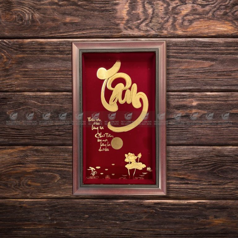 Tranh hoa sen và chữ tâm thư pháp dát vàng 24k MT Gold Art- Hàng chính hãng, trang trí nhà cửa, phòng làm việc, quà tặng sếp, đối tác, khách hàng, tân gia, khai trương