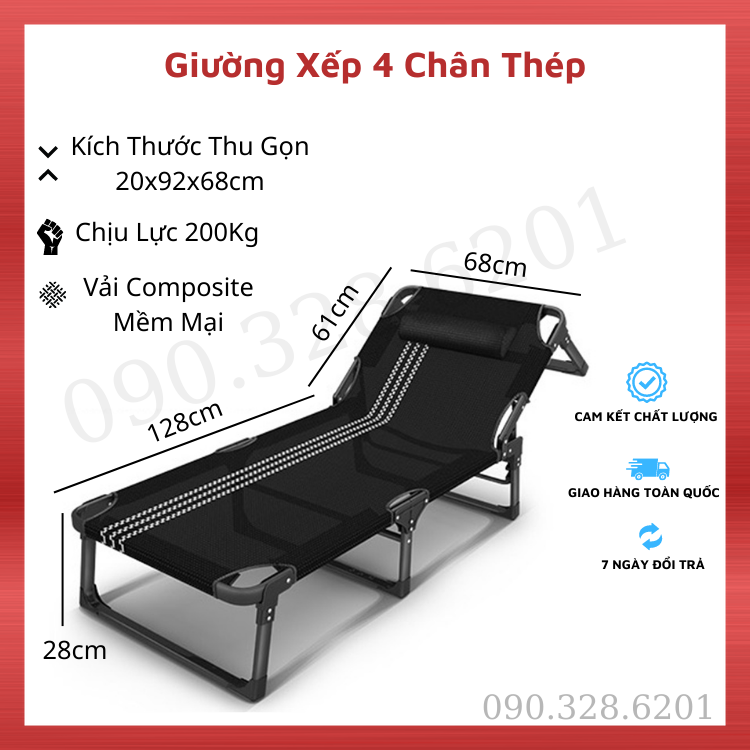 Giường xếp 4 chân thép đen xịn tựa lưng gấp gọn cao cấp  68x189x28cm RE0488