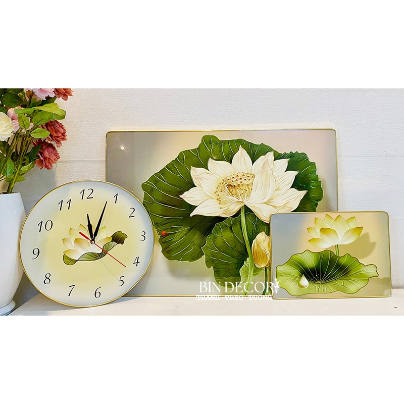 (CÓ ẢNH THẬT) Tranh đồng hồ hoa sen 4 bộ 3 tấm trang trí decor phòng bo viền kèm đinh treo