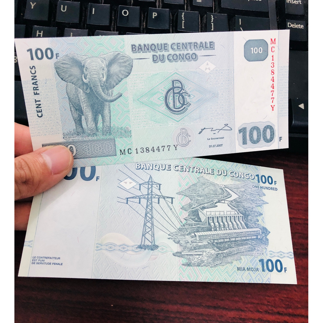 Tờ tiền giấy Congo 100 Francs hình chú voi, đất nước không có tết, sưu tầm tiền