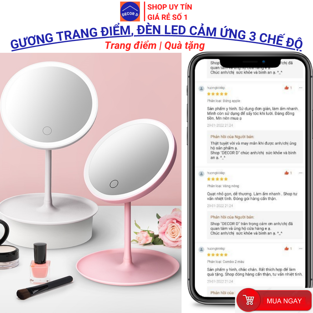 Gương trang điểm đèn led, Gương để bàn trang điểm Hàn Quốc decor xinh xắn dễ thương [Kèm pin dây sạc USB