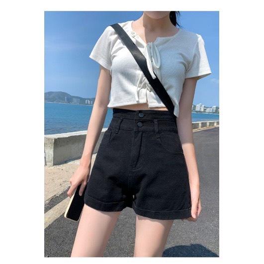 Quần Short Jean Cạp Cao Gấp Gấu Ống Suông Cá Tính