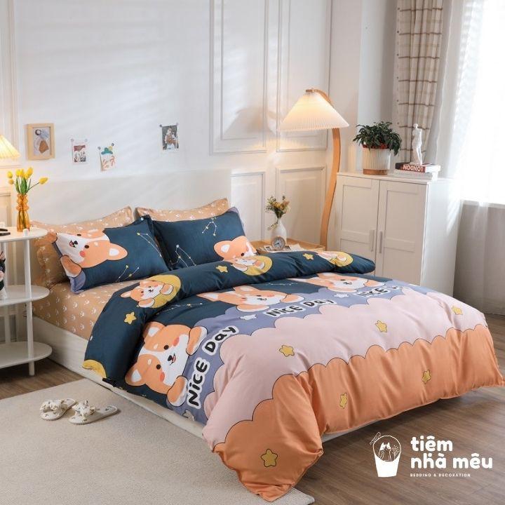 Bộ Chăn Ga Gối Cotton 80% m6/m8/2m - Full size Tiệm Nhà Mêu 2 Vỏ gối ,drap , vỏ chăn Cotton Chó Chiba Nhập Khẩu Sale