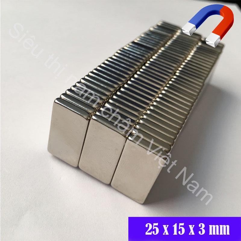 Nam châm hình chữ nhật kích thước 25x15x3mm, nam châm đất hiếm siêu từ tính