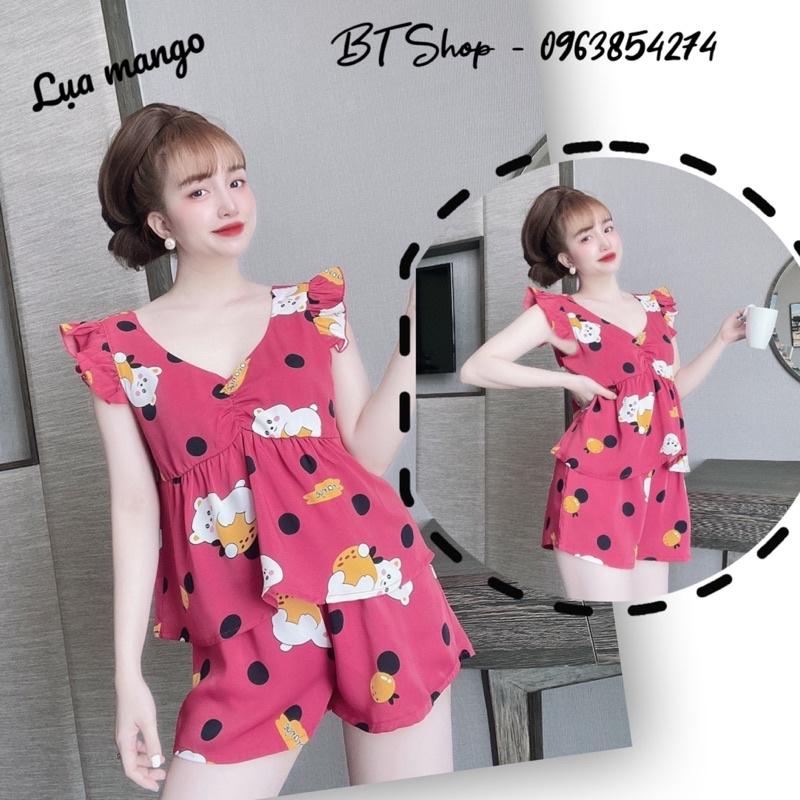Đồ ngủ lụa mango tay cánh tiên quần đùi hoạ tiết freesize 42-57kg