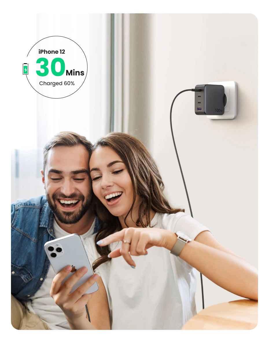 Ugreen UG15336CD226TK 100W Bộ sạc nhanh Nexode GaN 3 cổng USB Type-C + USB-A Màu Trắng chuẩn cắm US - HÀNG CHÍNH HÃNG