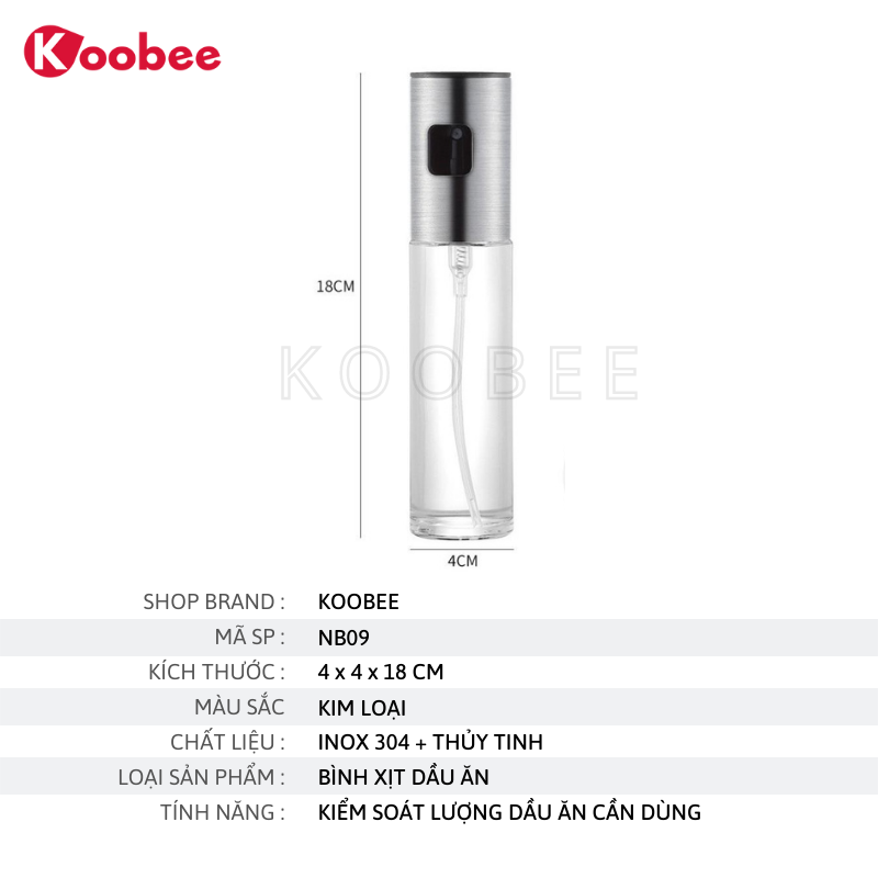 Bình xịt dầu ăn dạng phun sương nắp inox cao cấp dung tích 100ml - Phụ kiện nồi chiên không dầu KooBee
