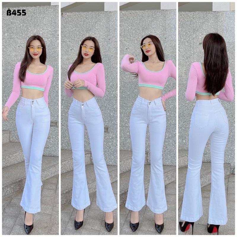 Quần Jeans Ống Loe Dài Lưng Cao 2 Nút Màu Trắng Đen