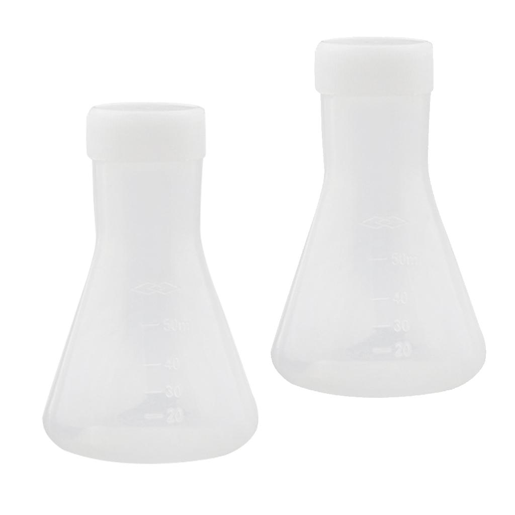 2x2 Pcs Lab Experiment Graduated Plastic Conical Flask Erlenmeyer w/ Cap 50mL