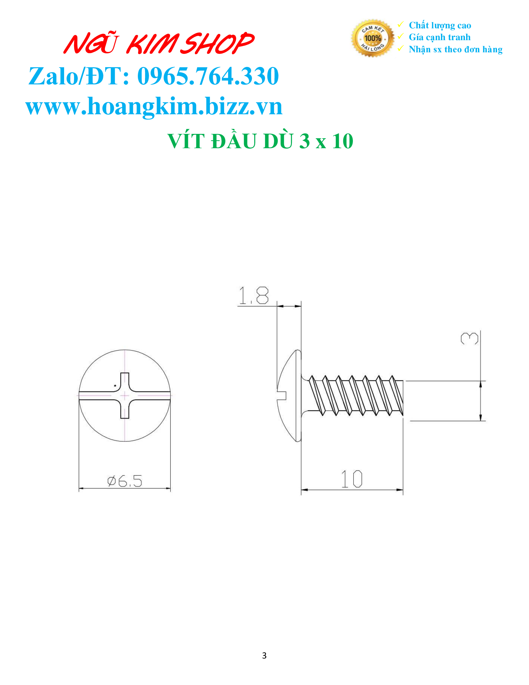 VÍT ĐẦU DÙ MŨI BẰNG 5 x 11