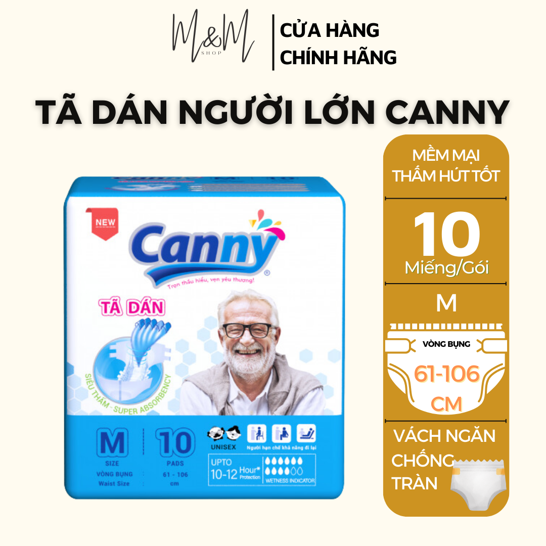 Bộ 2 Tã dán người lớn Canny size M/L 10 miếng/gói siêu mềm, siêu thấm hút vòng bụng 68-122cm