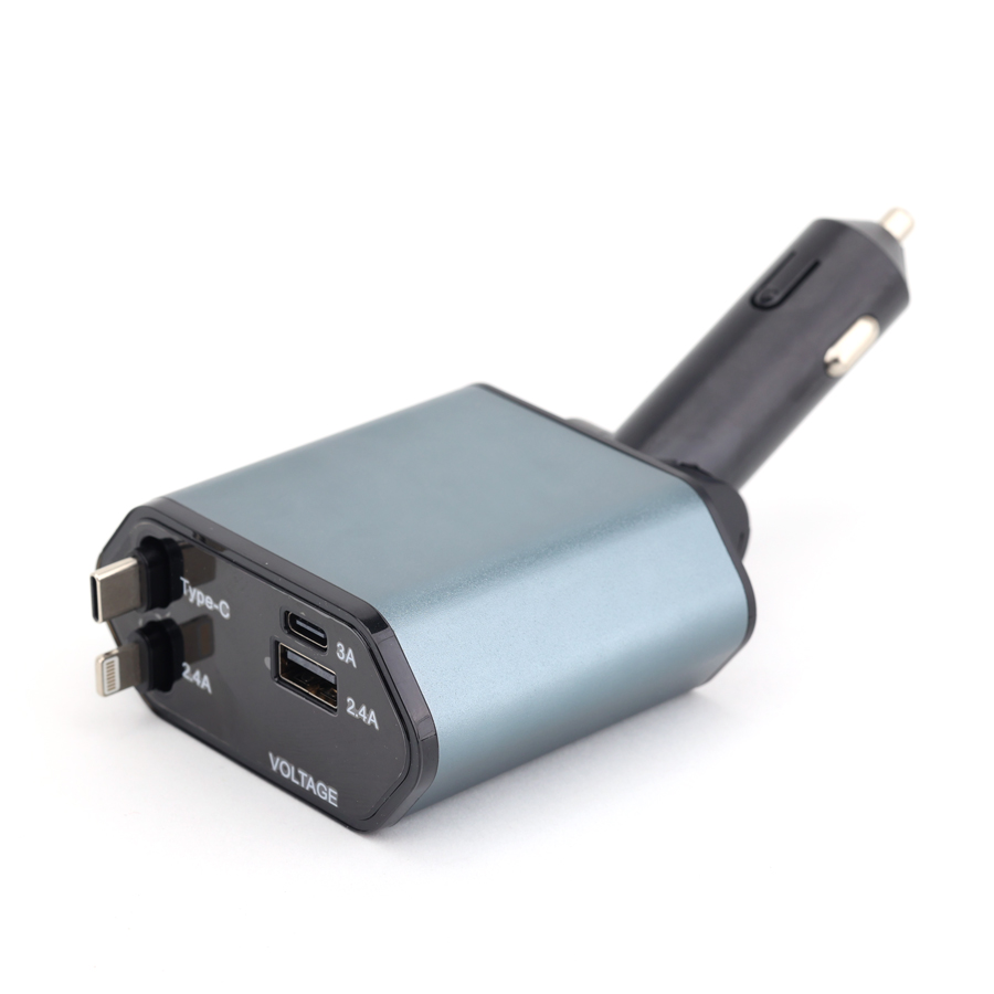 Tẩu Sạc Nhanh C1 Dây Rút Tự Động 4 in 1 USB Type-C Và Lightning Đa Năng Vỏ Hợp Kim Cao Cấp - Nhập Khẩu Chính Hãng