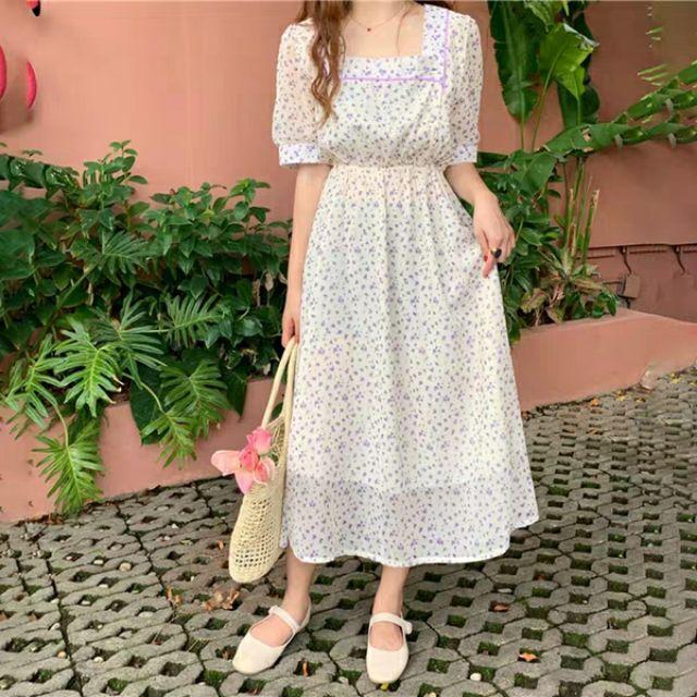 Đầm hoa nhí cổ vuông ngắn tay tiểu thư phong cách vintage Hàn Quốc ulzzang