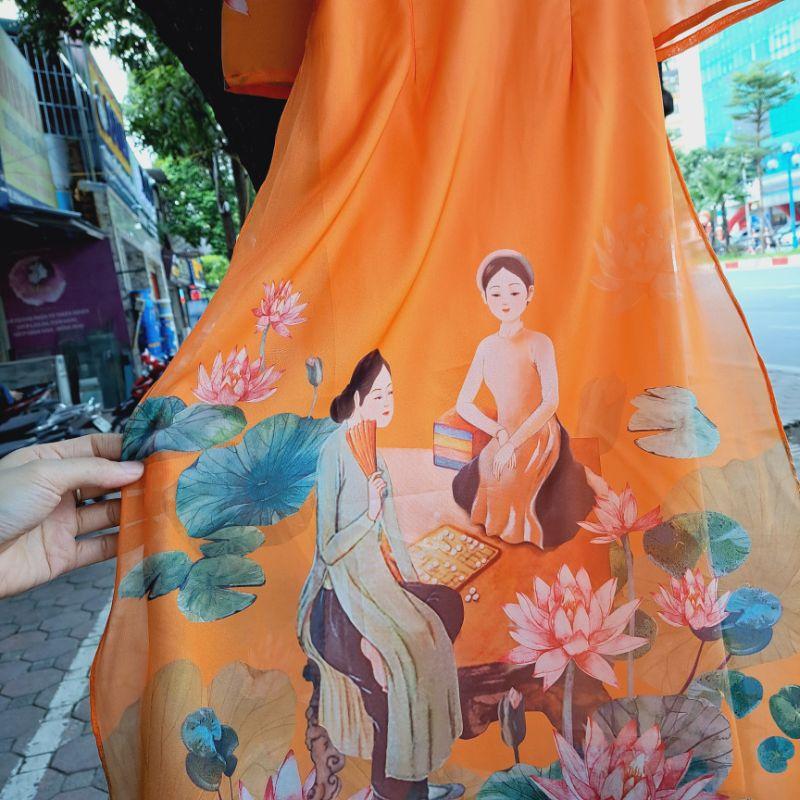 Áo dài cách tân tơ ong 4 tà họa tiết in 3d cao cấp sang chảnh mềm mại