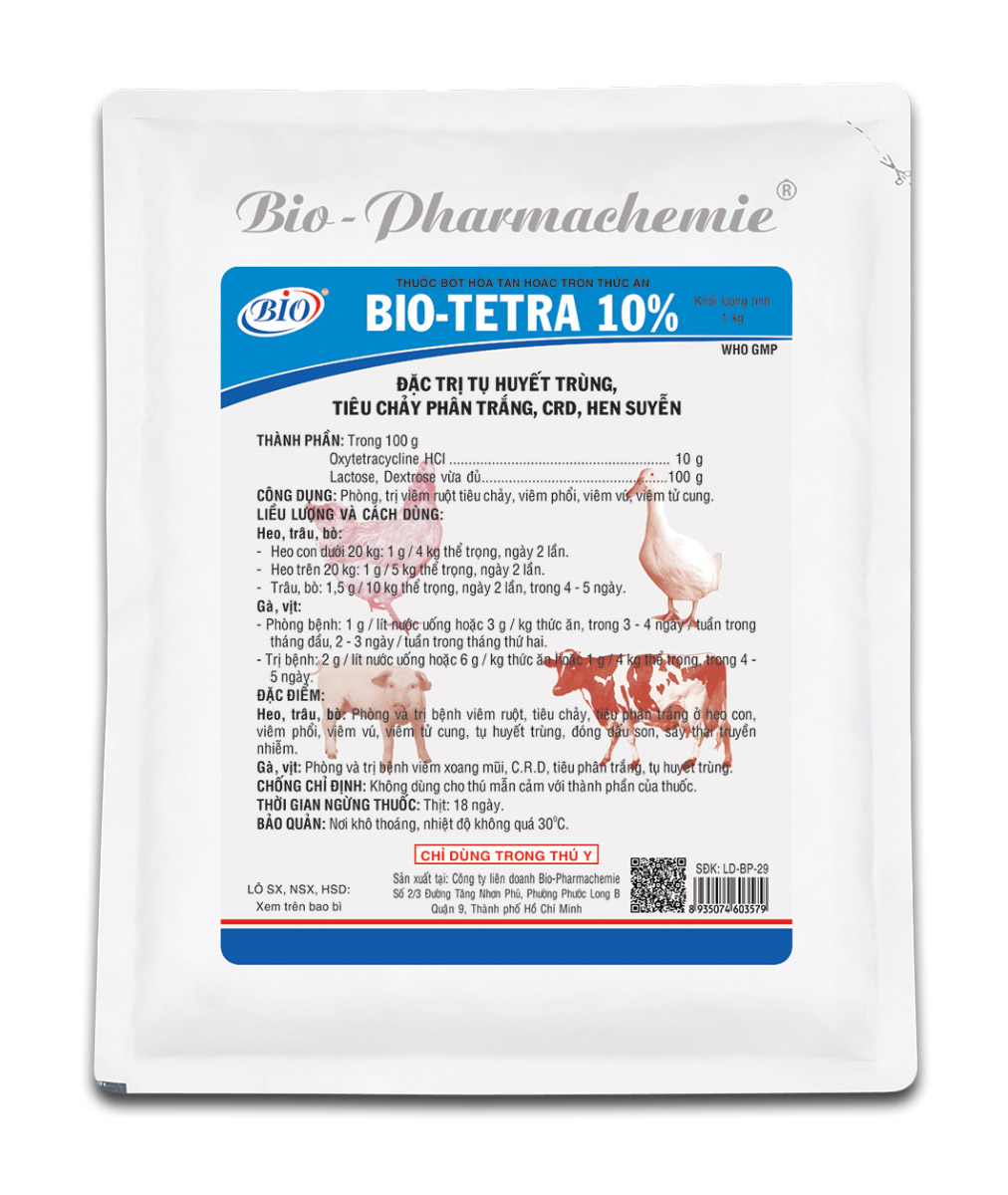 Thuốc bột hoà tan hoặc trộn thức ăn BIO-TETRA 10% đặc trị tụ huyết trùng,tiêu chảy phân trắng,hen suyễn,CRD